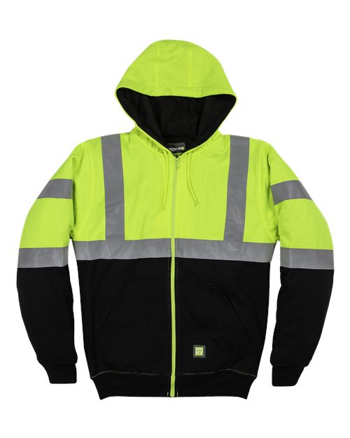 Berne Apparel Men's Hi-Vis Class 3 Color Block Full-Zip Hooded Sweatshirt HVF023