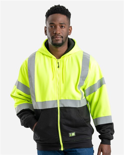 Berne Apparel Men's Hi-Vis Class 3 Color Block Full-Zip Hooded Sweatshirt HVF023